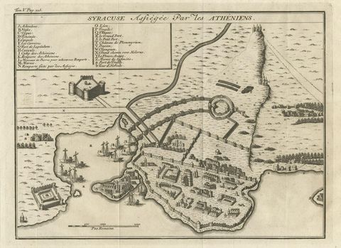 Old Copper Engraving of the Siege of Syracuse, Sicily, Italy, Published, ca.1740, close-up 1