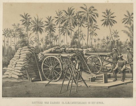 Antique Print Depicting a Military Scene with Canons, in Indonesia, 1784, close-up 1