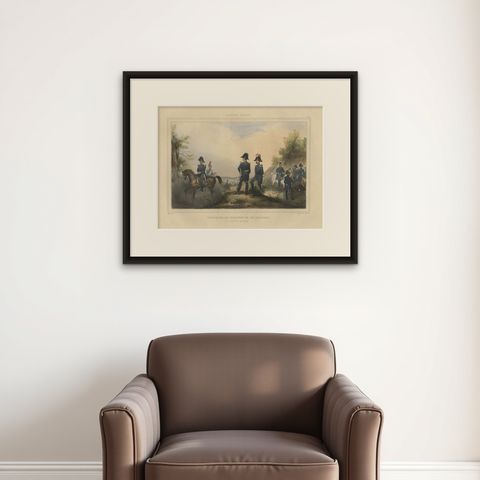 Decorative Antique Print of Fully Uniformed Generals of the Belgium Army, 1833, shown framed on a wall