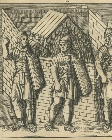 Roman Walled Camp Enclosures and Soldiers, Montfaucon Engraving, 1722, close-up 1
