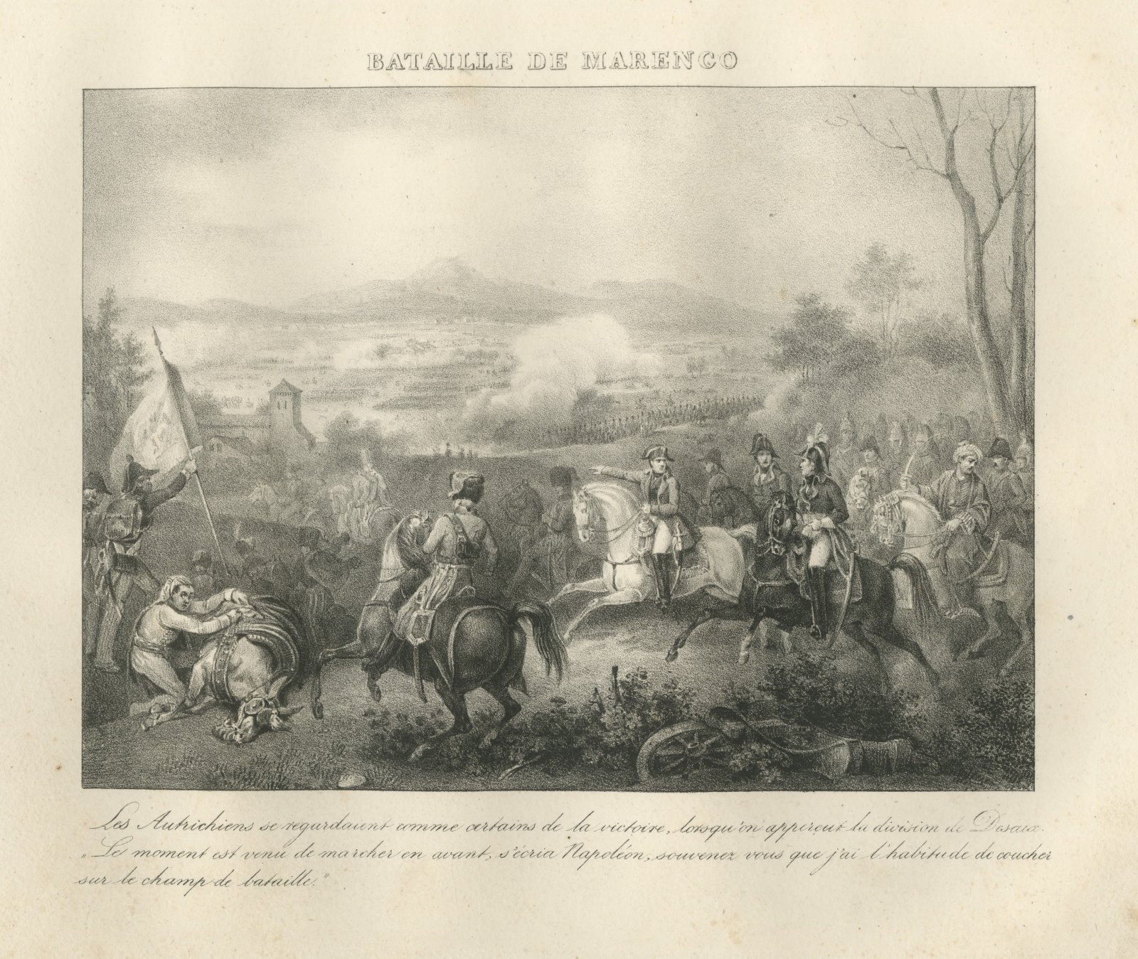 Battle of Marengo, Desaix Arrives, Antique Madou Lithograph, 1827