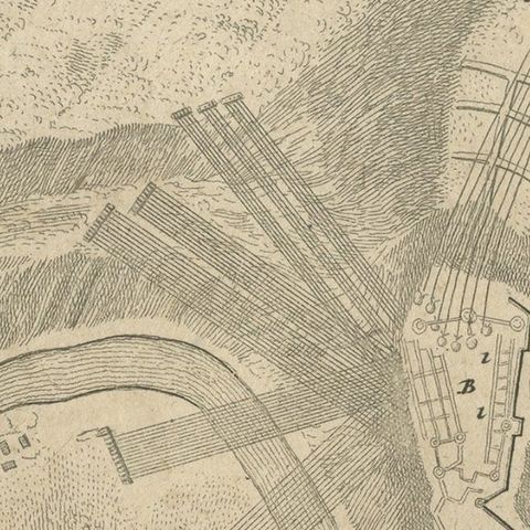 Old Engraving of the Trarbach Battle in Rhineland-Palatinate, Germany, c.1710, close-up 1