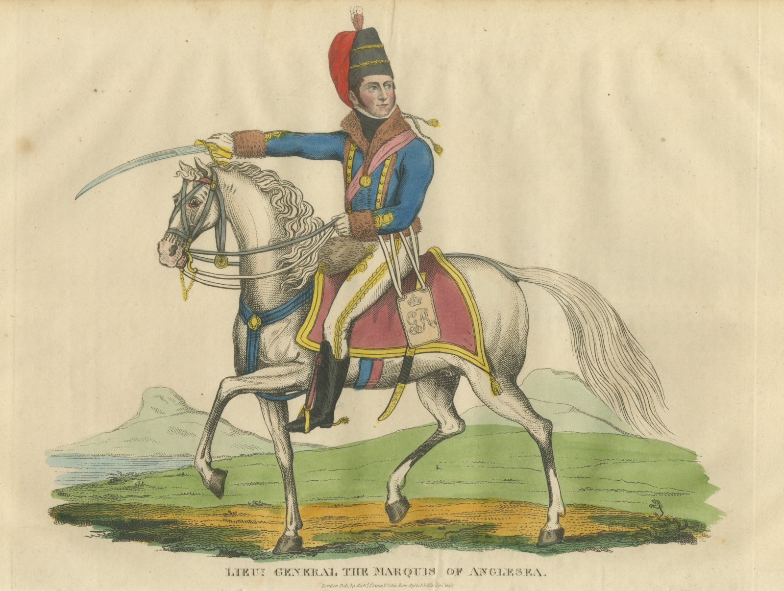 Marquis of Anglesey in Hussar Uniform with Raised Saber, Hand Colored, 1815