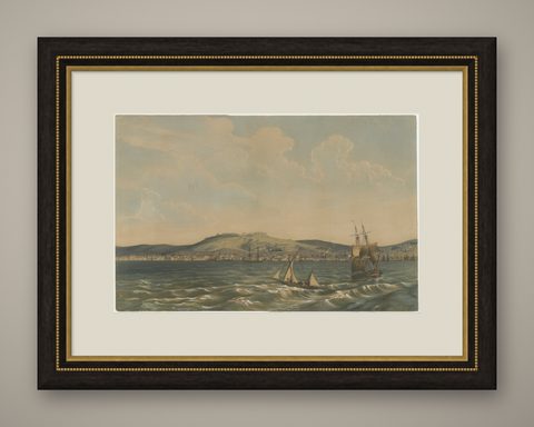 View of the Dardanelles: Fortified Hill and Ships, Hand-Colored Lithograph, 1840, shown framed