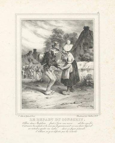 Young Soldier Saying Farewell to Sweetheart, Romantic French Lithograph c.1830, close-up 1