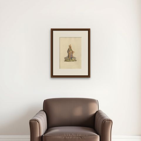 Antique Print of Colonel of Janizaries, the Military Costume of Turkey, 1818, shown framed on a wall