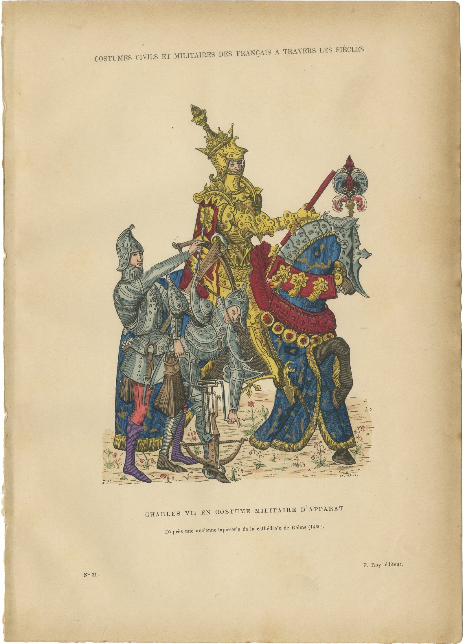 Original Antique Print of Charles VII in Ceremonial Armour, F. Roy, circa 1860