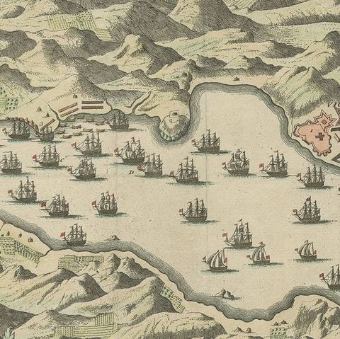 Antique Print of the Battle in 1702 of Vigo Bay or Rande, Galicia, Spain, close-up 2