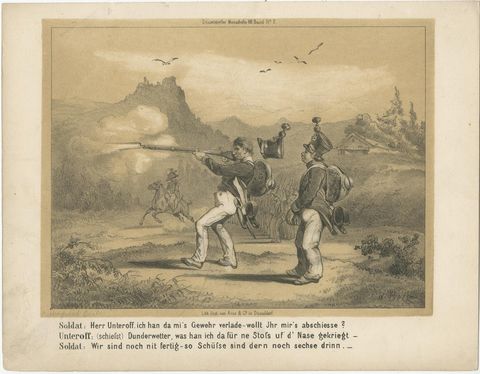 Antique Military Satire Prints, Swiss Citizen Soldiers, Düsseldorf, c.1850, view 3