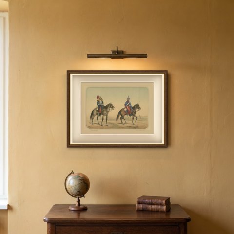 Spanish Cuirassier and Light Cavalryman, Villegas, Hand Colored Lithograph, 1861, shown framed on a wall