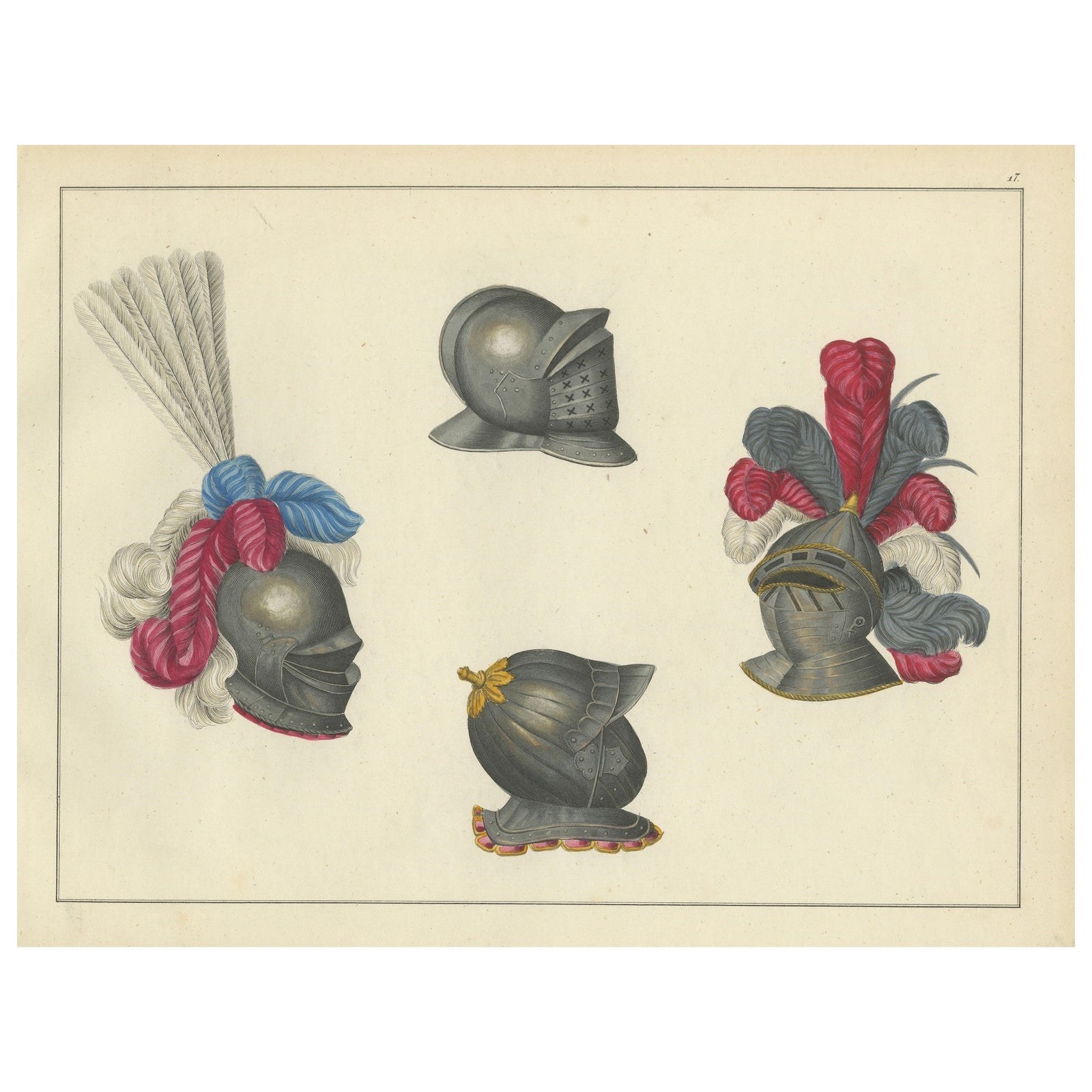 19th-Century Hand-Coloured Lithograph of Ornate Knightly Helmets with Plumes
