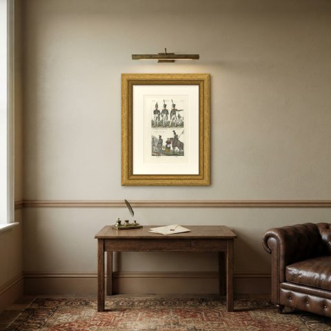 German Guard, Line and Chasseur Officers with an Artilleryman and Uhlan, 1842, shown framed on a wall