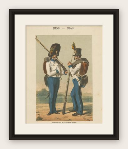 Austrian Soldier & Grenadier, Hoch- und Deutschmeister Regiment 1836–1848 Litho, shown framed