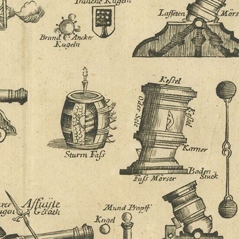 Antique Engravring of Different Artillery like Bullets, Cannons, Bombs, c.1769, close-up 2