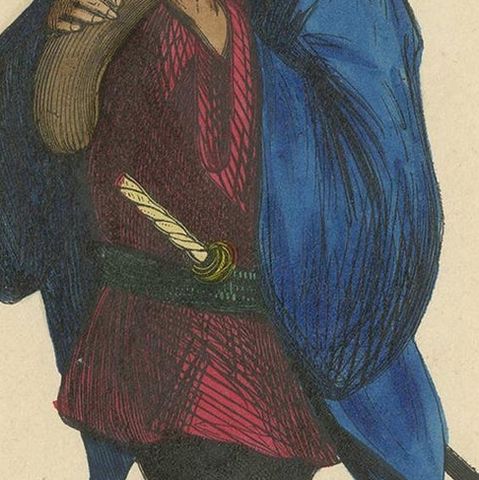 Antique Costume Print of a Japanese Soldier by Wahlen, 1843, close-up 1