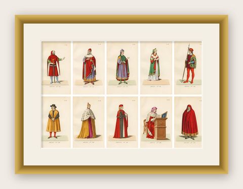 Medieval Knights, Clergy & Nobles, Set of 10 Costume Prints, 1845, shown framed