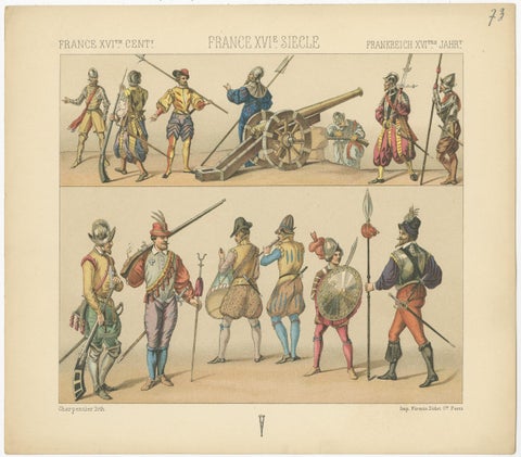 Pl. 73 Antique Print of French 16th Century Battle Costumes, Racinet, circa 1880, view 2
