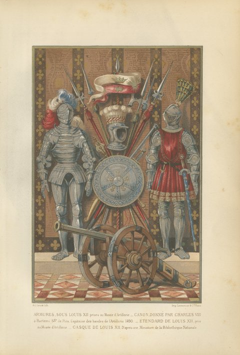 Renaissance Medals and Armor, Pair of Antique French Chromolithographs, 1882, view 5