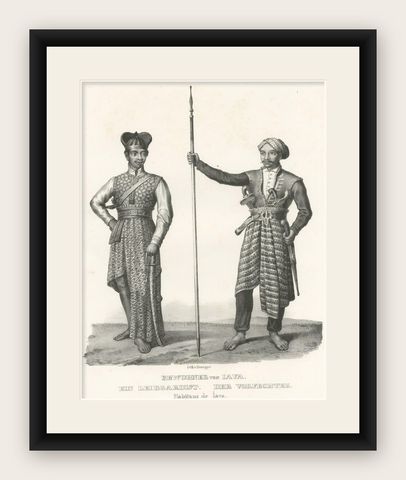 Antique Print of a Life Guard and Fighter of Java, Indonesia, shown framed