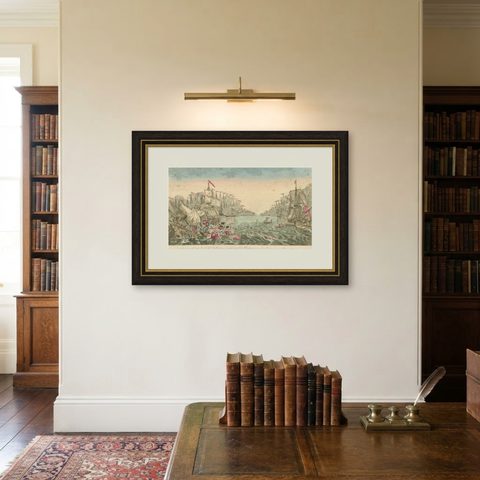 Venetian Naval Battle Print, Rare Optical Vue of Venice versus Turks, c.1770, shown framed on a wall