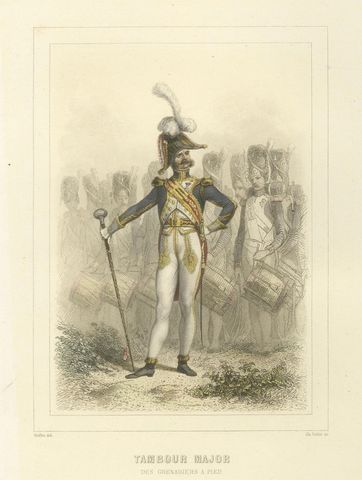 Napoleonic Military Musicians, Sapper, Horn Player, and Drum Major, 1859, close-up 2