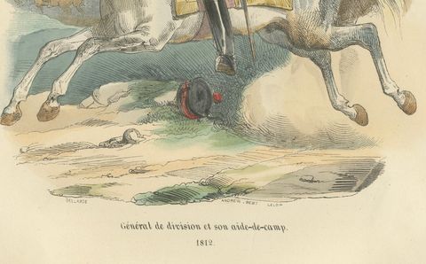 Napoleonic General of Division on Horseback, Bellangé, Military Print, 1843, close-up 1