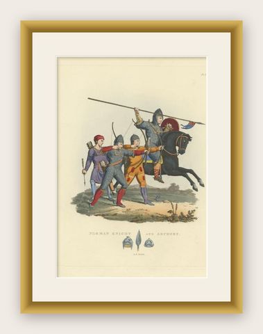Antique Print of a Knight and Archers in Original Old Hand-Coloring, 1842, shown framed