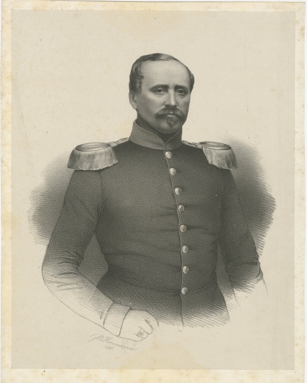 Unknown Military Officer in Uniform, Original Antique Lithograph, 1870