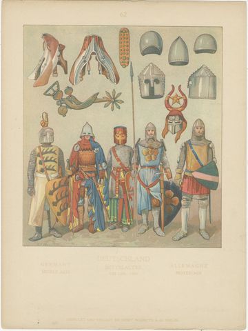 Medieval German Knights and Armor, Antique Hand-Colored Print c.1880, view 2