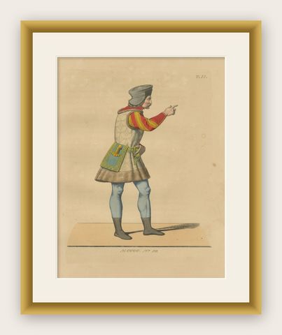 Swiss Guard Costume, Antique Hand-Colored Lithograph by Bonnard, 1845, shown framed
