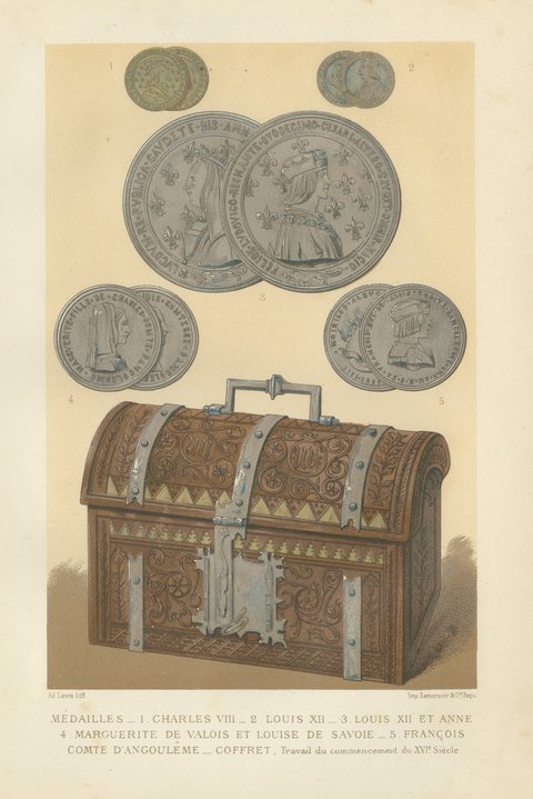 Renaissance Medals and Armor, Pair of Antique French Chromolithographs, 1882, view 2