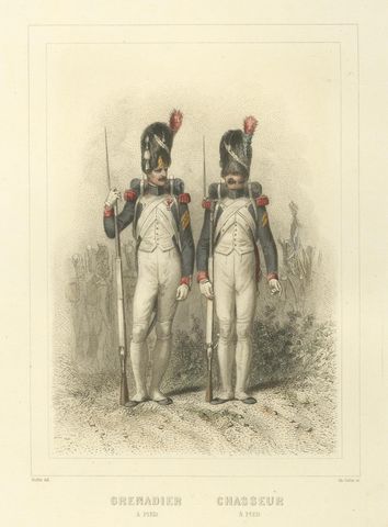 Napoleonic Foot Grenadiers, Chasseur, Grenadier, and Flag Bearer, 1859, close-up 1