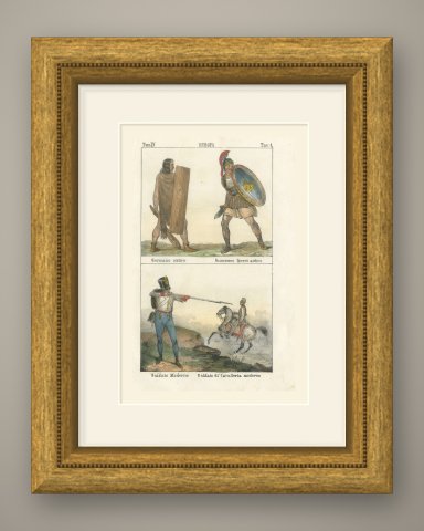Ancient Germanic and Greek Warriors with Modern Soldiers, Hand Colored, 1842, shown framed