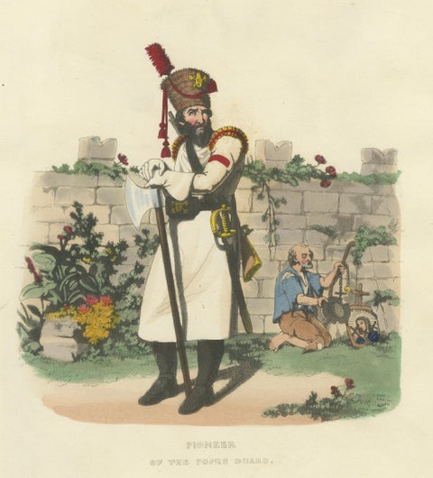 Papal Swiss Guard & Pioneer, Vatican Military Costumes, Polidori c.1820, close-up 1
