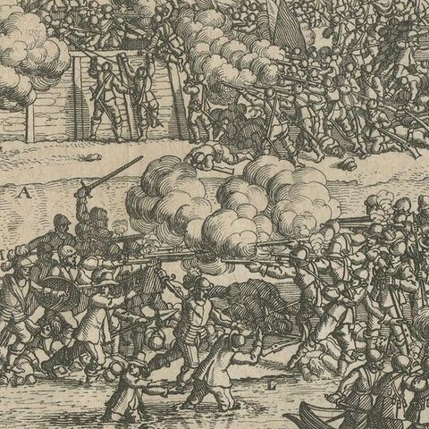 Battle of Kauwenstein Dijk, 1585: Siege of Antwerp Engraving with Latin Legend, close-up 4