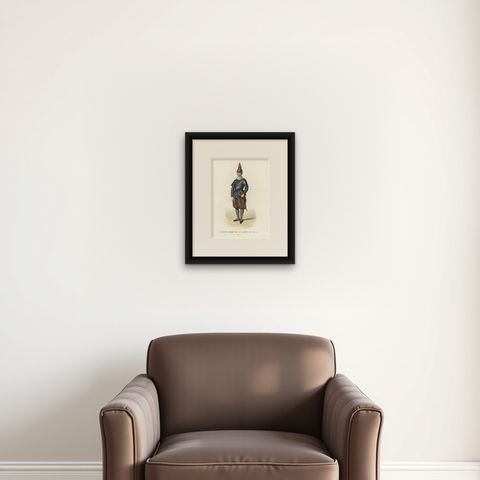 Antique Print of a Swiss Guard for the Pope in The Vatican, 1850, shown framed on a wall