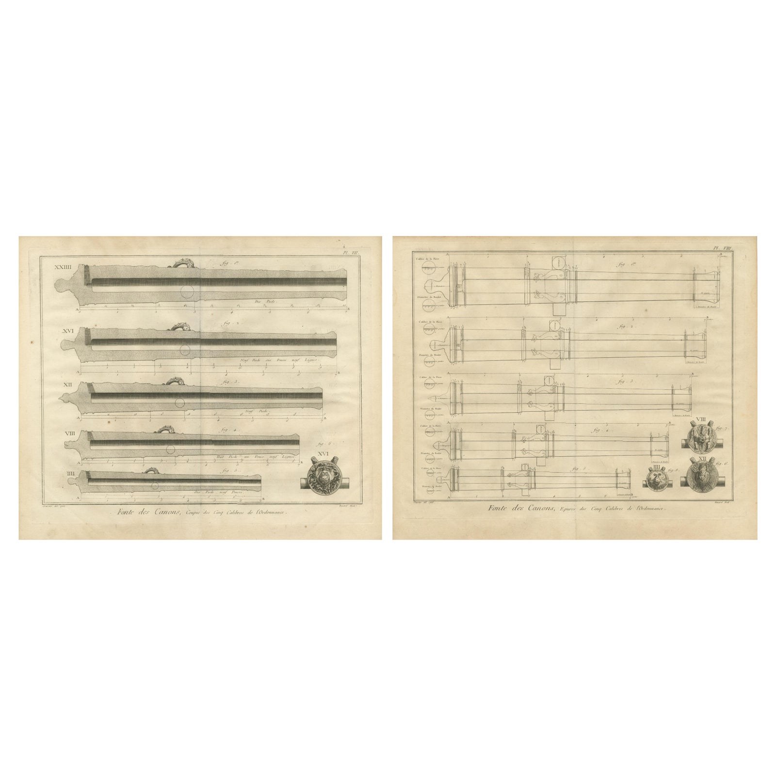 Antique 18th Century Engraving of Cannon Designs and Cross-Sections from Diderot