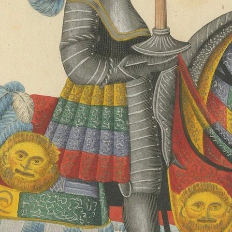 Hand-Coloured Knightly Parade Armour Print with Vibrant Heraldic Motifs, 1842, close-up 4