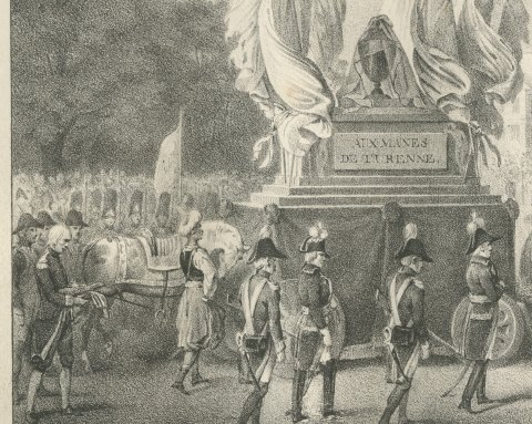The Ashes of Turenne Borne to the Invalides, Antique Madou Lithograph, 1827, close-up 1
