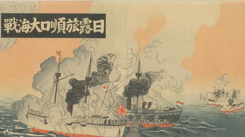Battle of Port Arthur, Russo-Japanese War Woodblock Triptych, 1904, close-up 2