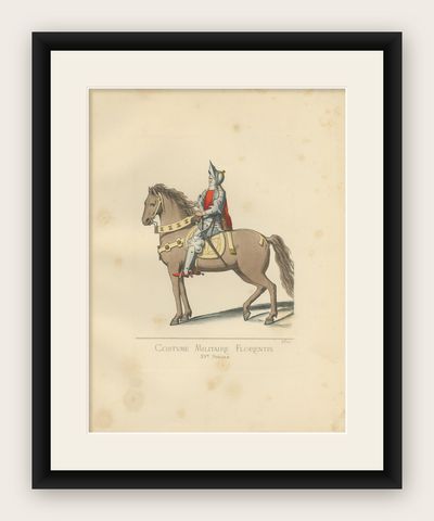 Antique Print of a Florence Soldier, 15th Century by Bonnard, 1860, shown framed