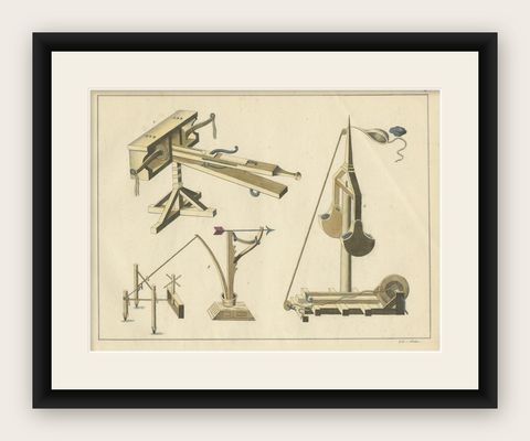 19th-Century Hand-Coloured Lithograph of Medieval Siege Engines and Catapults, shown framed