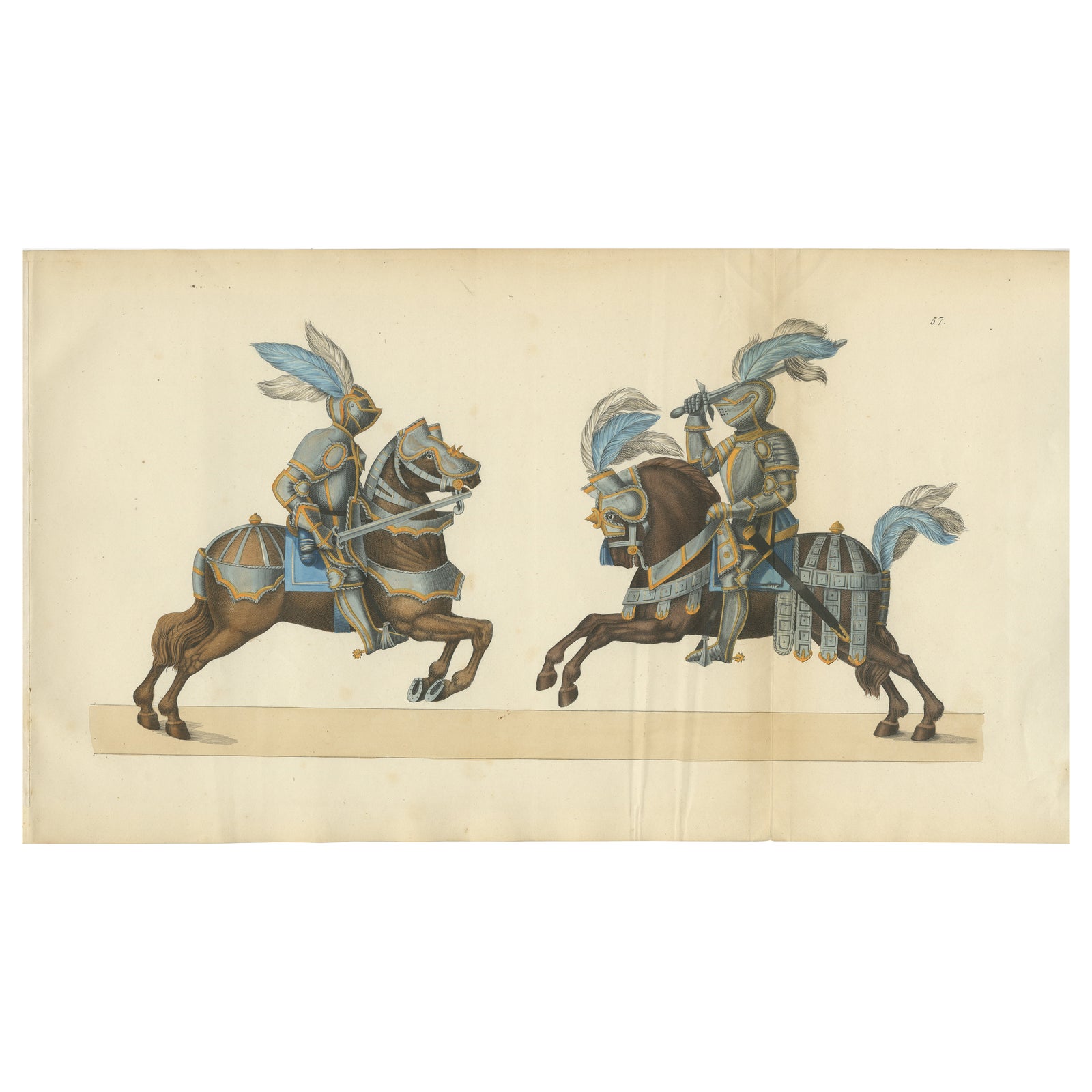 Hand-Coloured Litho of Knights in Jousting Armor on Caparisoned Horses, 1842