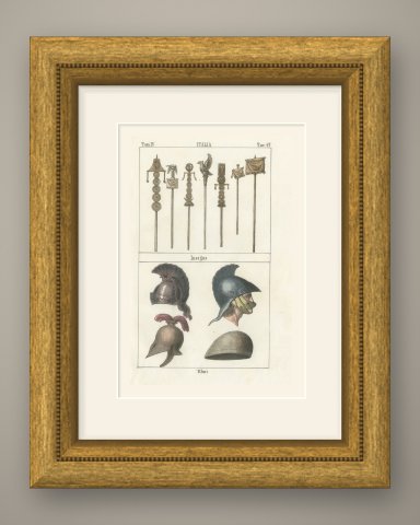 Roman Military Standards and Crested Helmets, Hand Colored Lithograph, 1842, shown framed