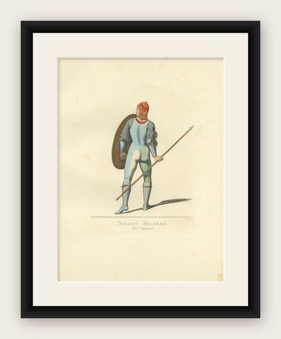 Antique Print of a Milanese Soldier, 15th Century, by Bonnard, 1860, shown framed