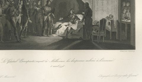 Napoleon Accepts Captured Banners in Milan, French Empire Engraving c.1840, close-up 1