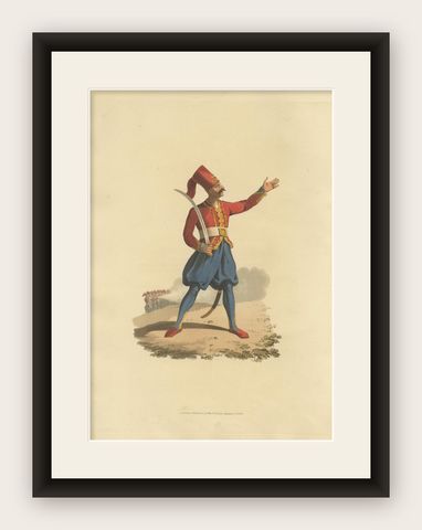 Hand-Colored Aquatint of European Infantry Officer, 1818, shown framed