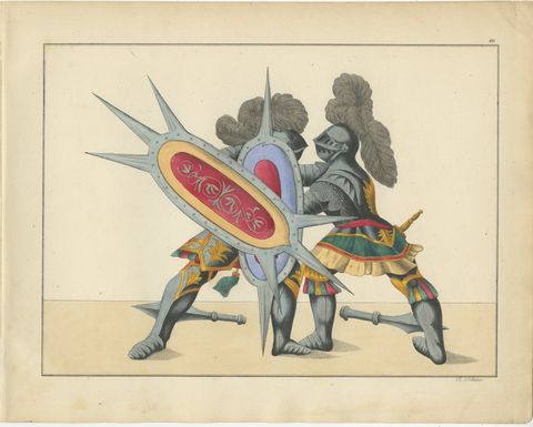 19th-Century Hand-Coloured Lithograph of Armoured Duel with Spiked Shields, view 2