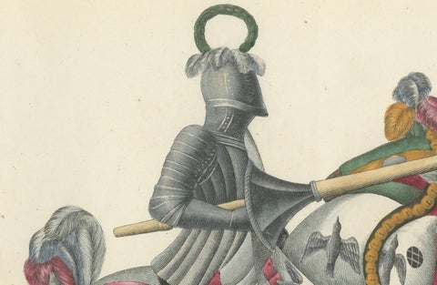 Hand-Coloured Jousting Scene: Armoured Knight and Striped Caparisoned Horse 1842, close-up 1