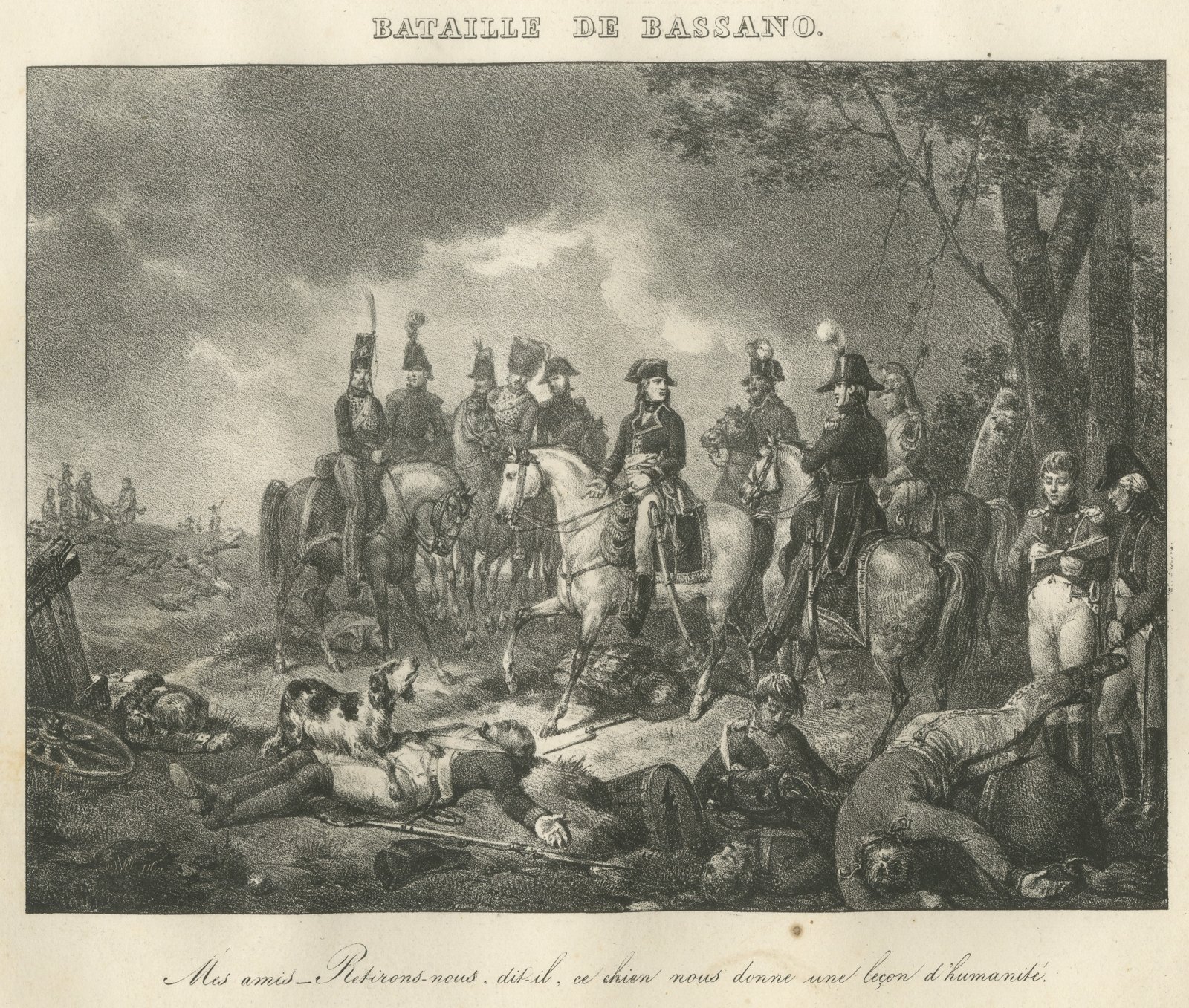 Battle of Bassano, the Dog on the Field, Antique Madou Lithograph, 1827